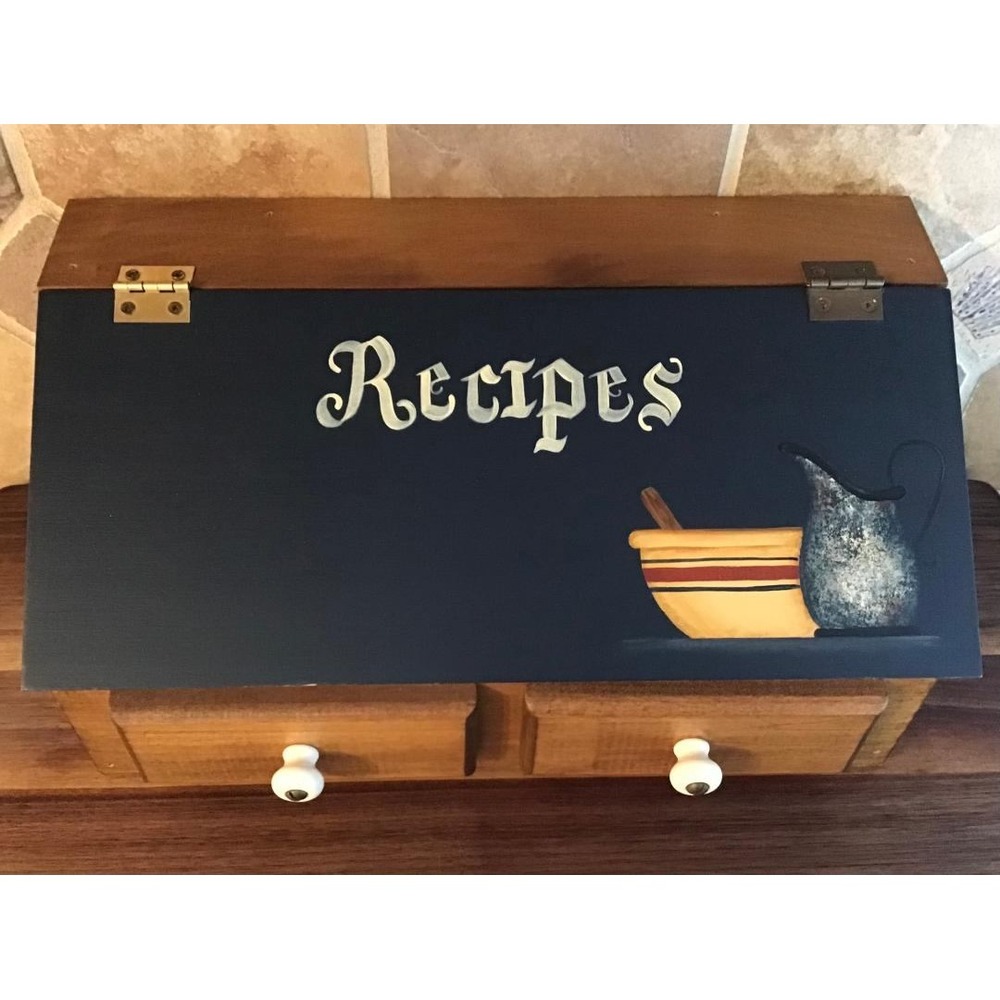 Vintage Country Wood Recipe Box Hand Painted Navy Lid 2 Drawers Farmhouse Decor